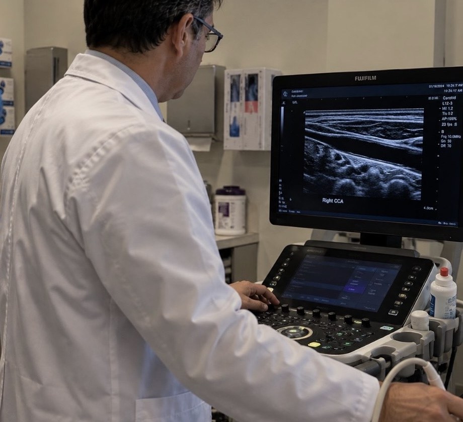 Physician performing a carotid ultrasound