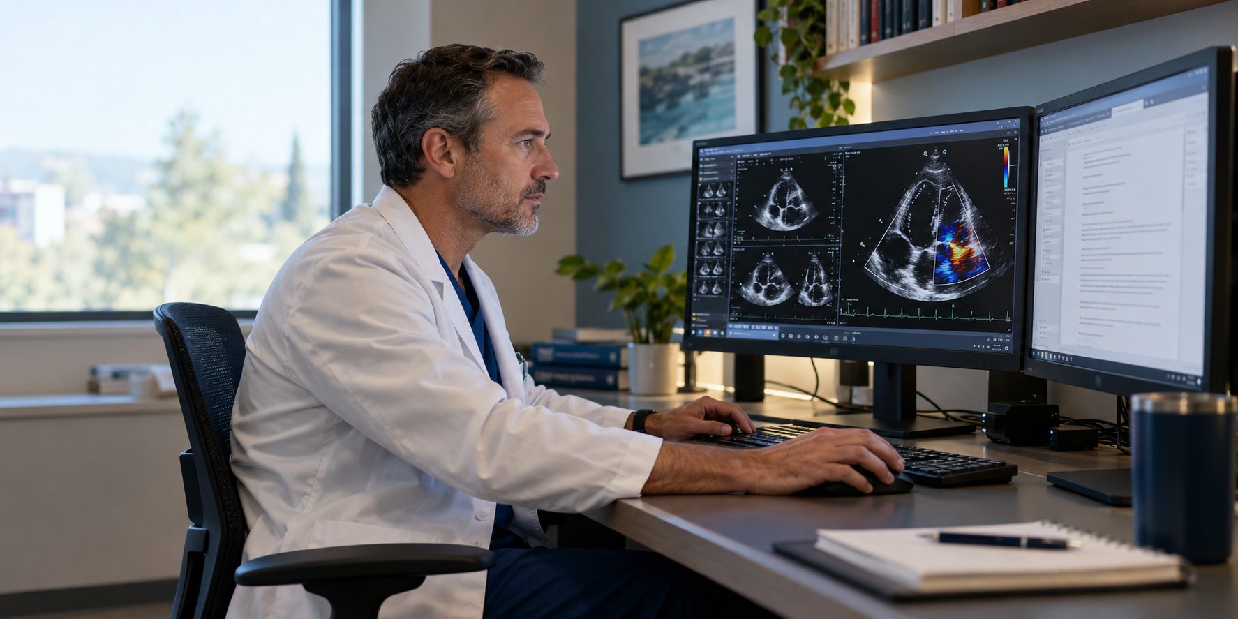 Physician reviewing echocardiogram images at a reading workstation